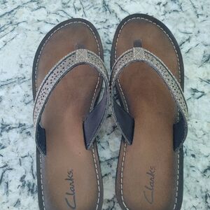 Clarks Tan and Black Sandals with Braided Straps